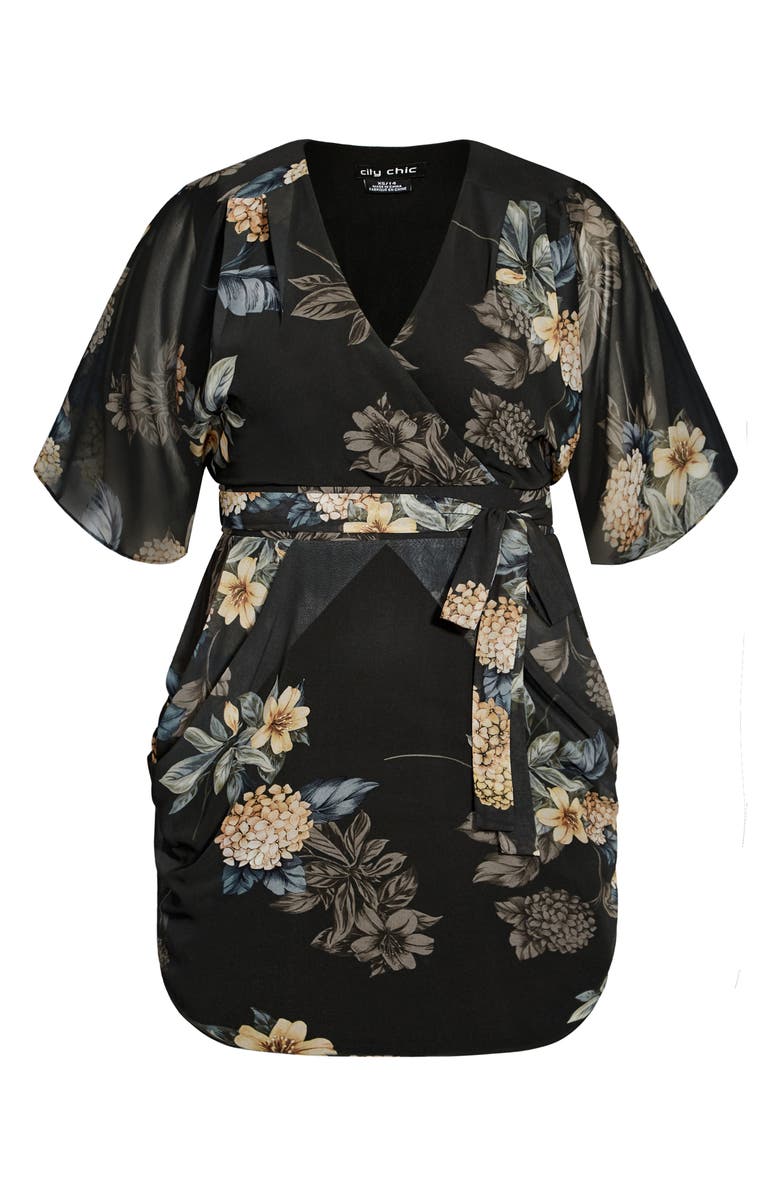 City Chic Golden Floral Faux Wrap Dress, Alternate, color, Golden Hydrangea