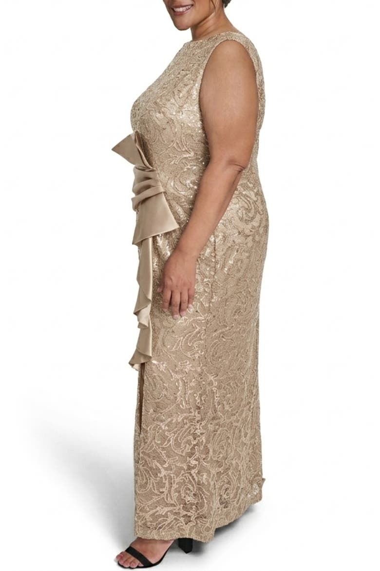 Sleeveless Sequin Ruffle Gown, Alternate, color, CHAMPAGNE