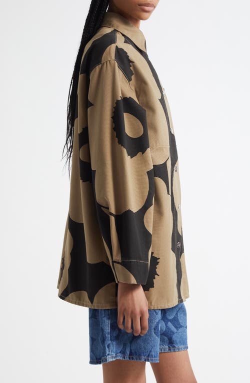 Marimekko Abstraktio Unikko Floral Oversize Cotton Snap-up Shirt In Black, Light Brown