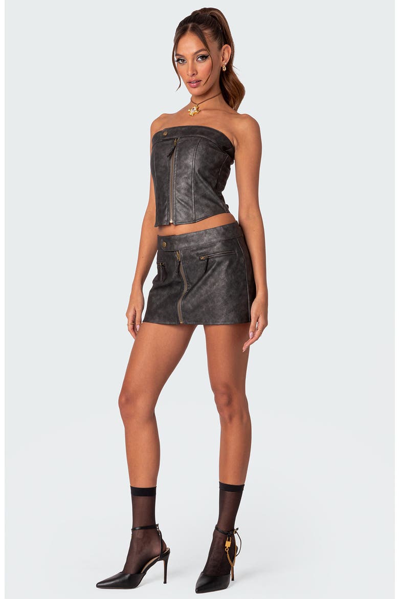 Ziva Lace Up Strapless Faux Leather Corset Top, Alternate, color, BLACK