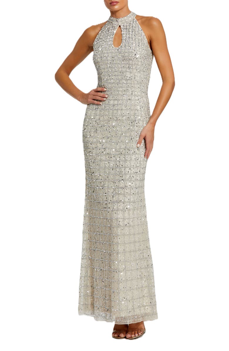 Mac Duggal Embellished Halter Neck Keyhole Gown, Main, color, Nude Silver