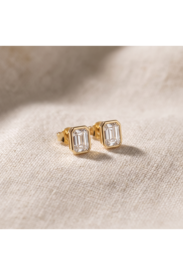 2Ct TW Emerald Cut Diamond Bezel Studs 14k Gold Lab Grown Earrings, Alternate, color, 14k Yellow Gold