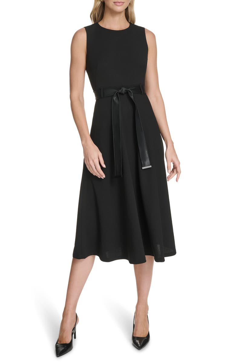 Calvin Klein Faux Leather Belt Scuba Crepe Midi A-Line Dress, Main, color, Black