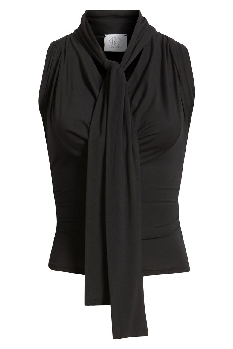 Rani Ruched Tie Neck Sleeveless Top, Alternate, color, BLACK