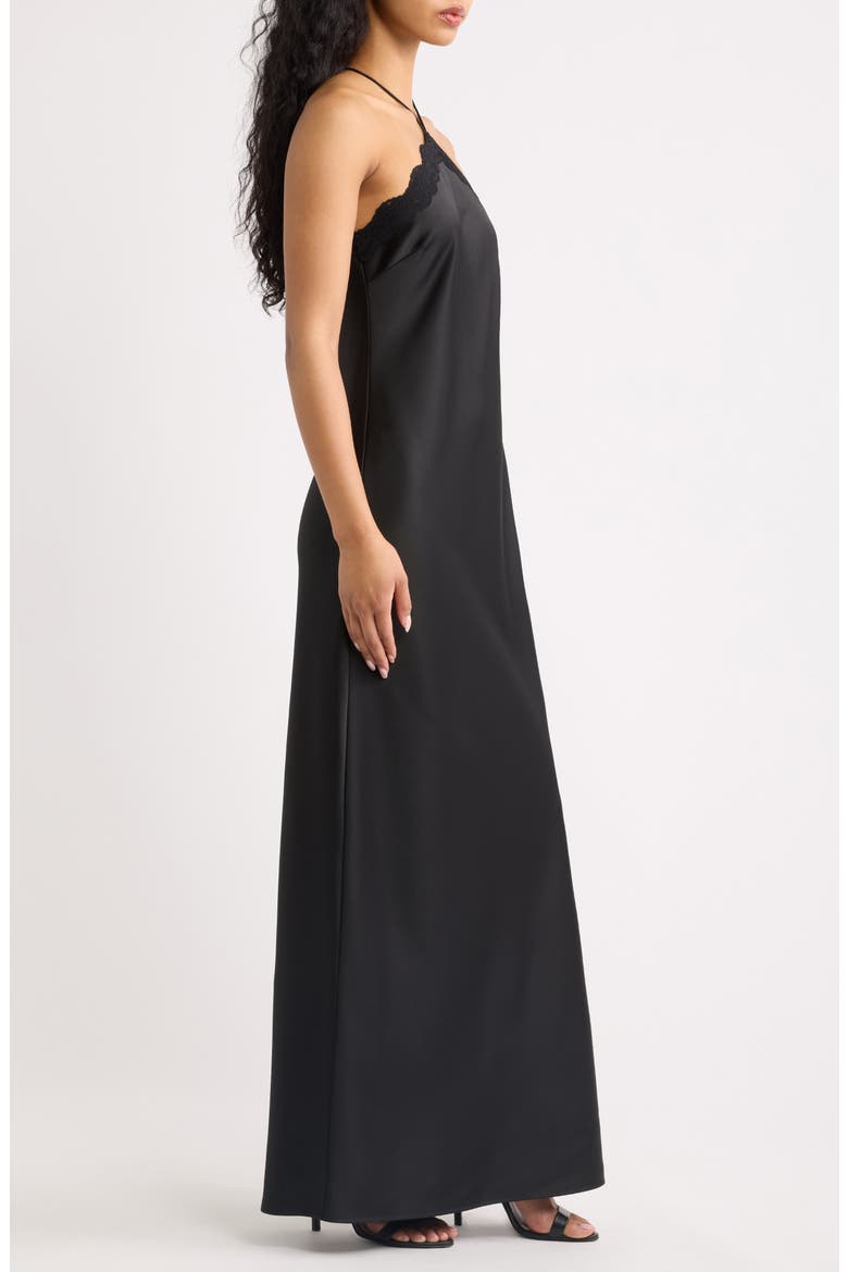 Lirien Lace Trim Halter Column Gown, Alternate, color, BLACK