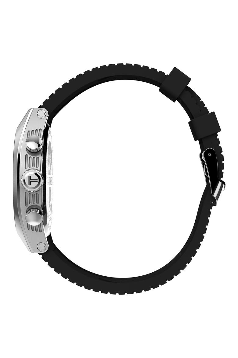 Legacy Tonneau Chronograph Synthetic Rubber Strap Watch, 42mm, Alternate, color, BLACK