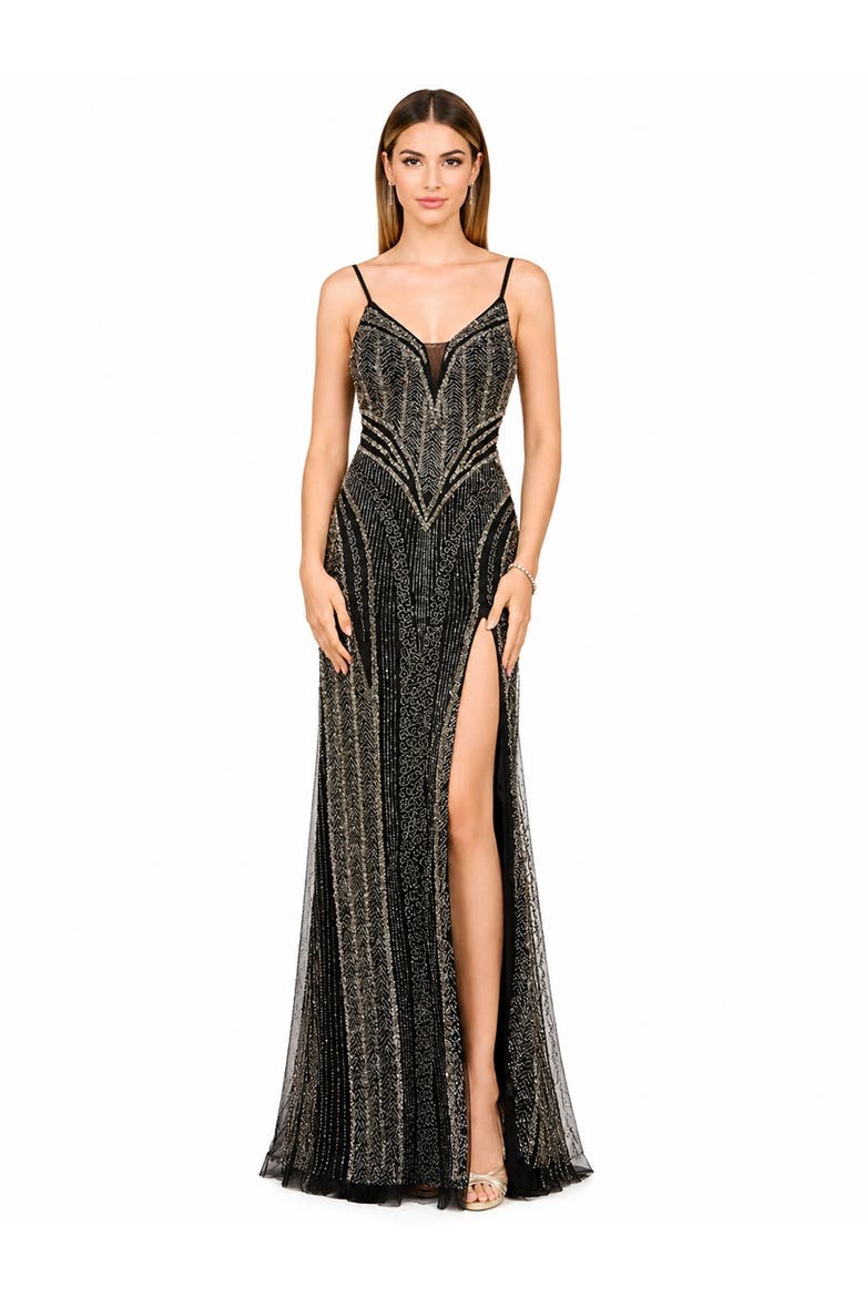Spaghetti Strap Beaded Gown with Slit, Main, color, Black