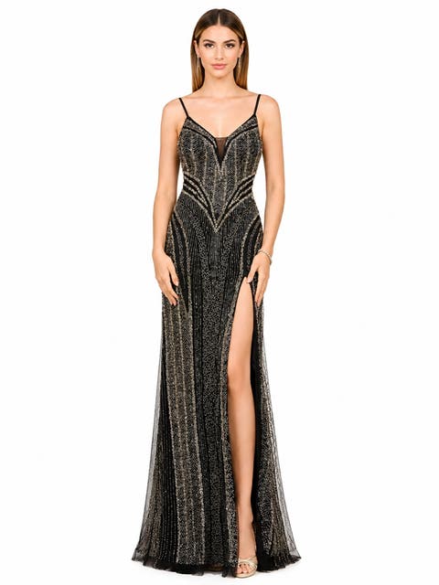 Spaghetti Strap Beaded Gown with Slit