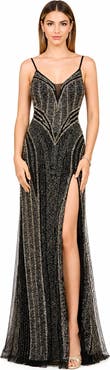 LARA New York Spaghetti Strap Beaded Gown with Slit