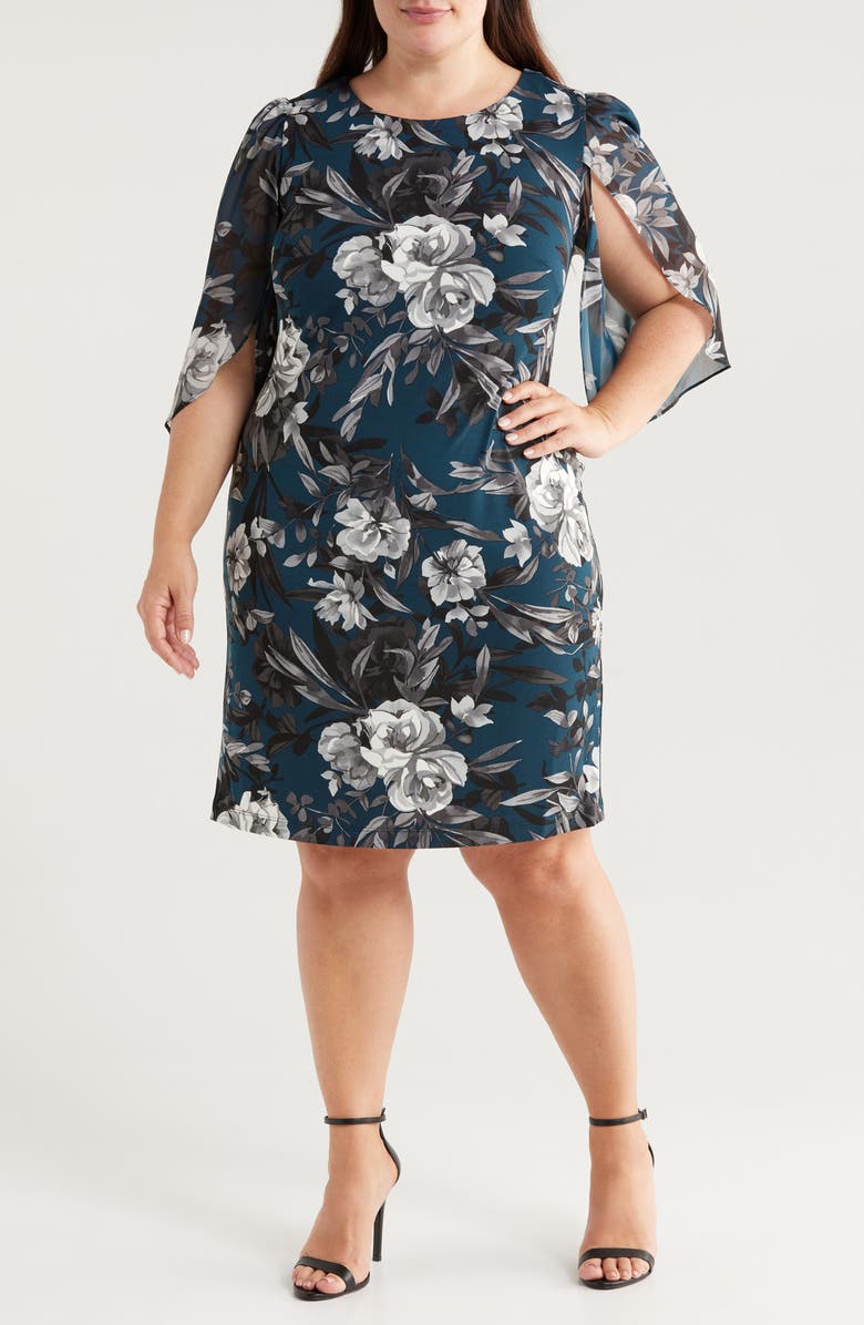 Connected Apparel Floral Flutter Sleeve Sheath Dress, Main, color, Dark Mallard