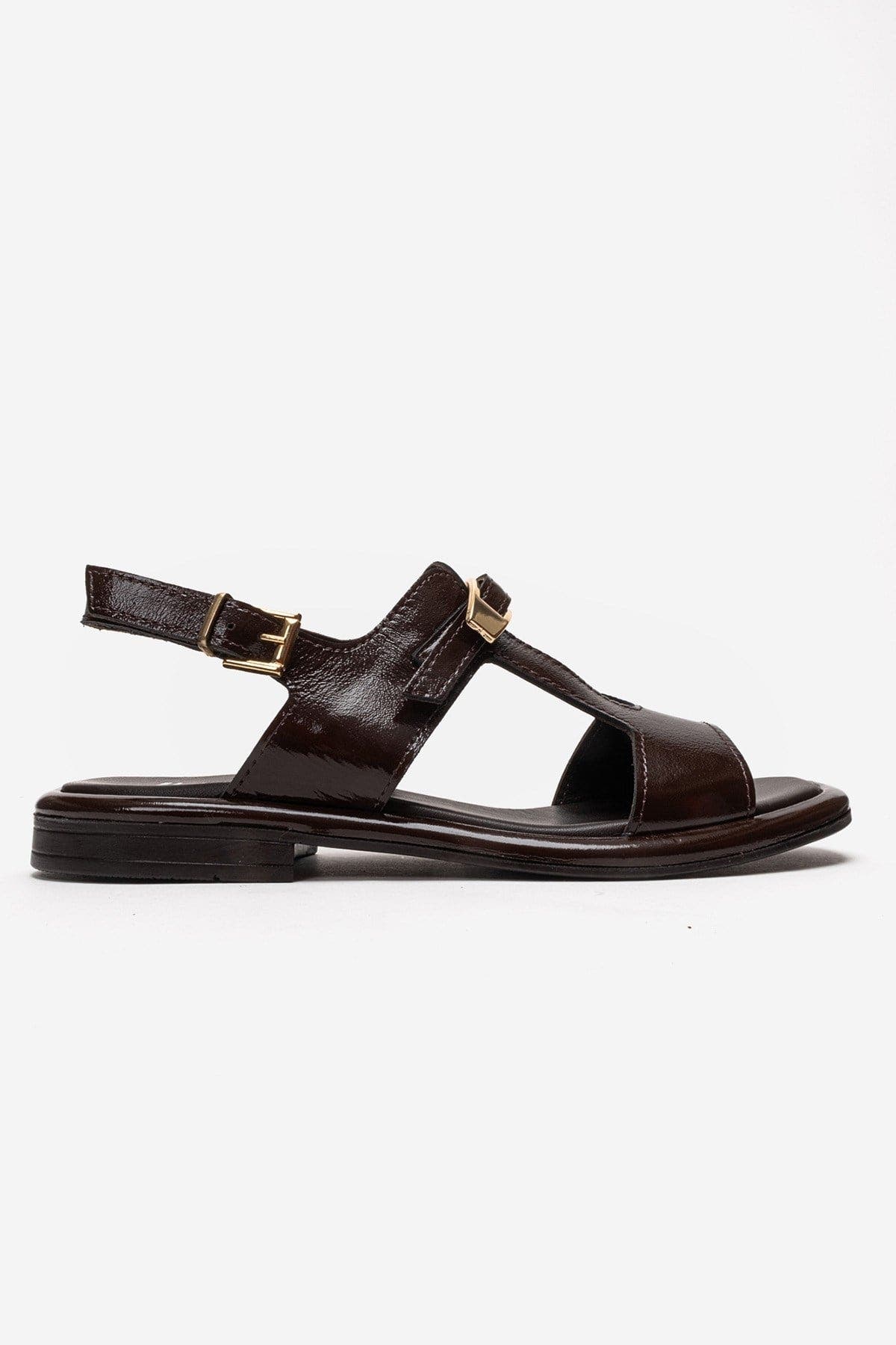 Auren Leather Buckle Sandal, Alternate, color, Brown Patent