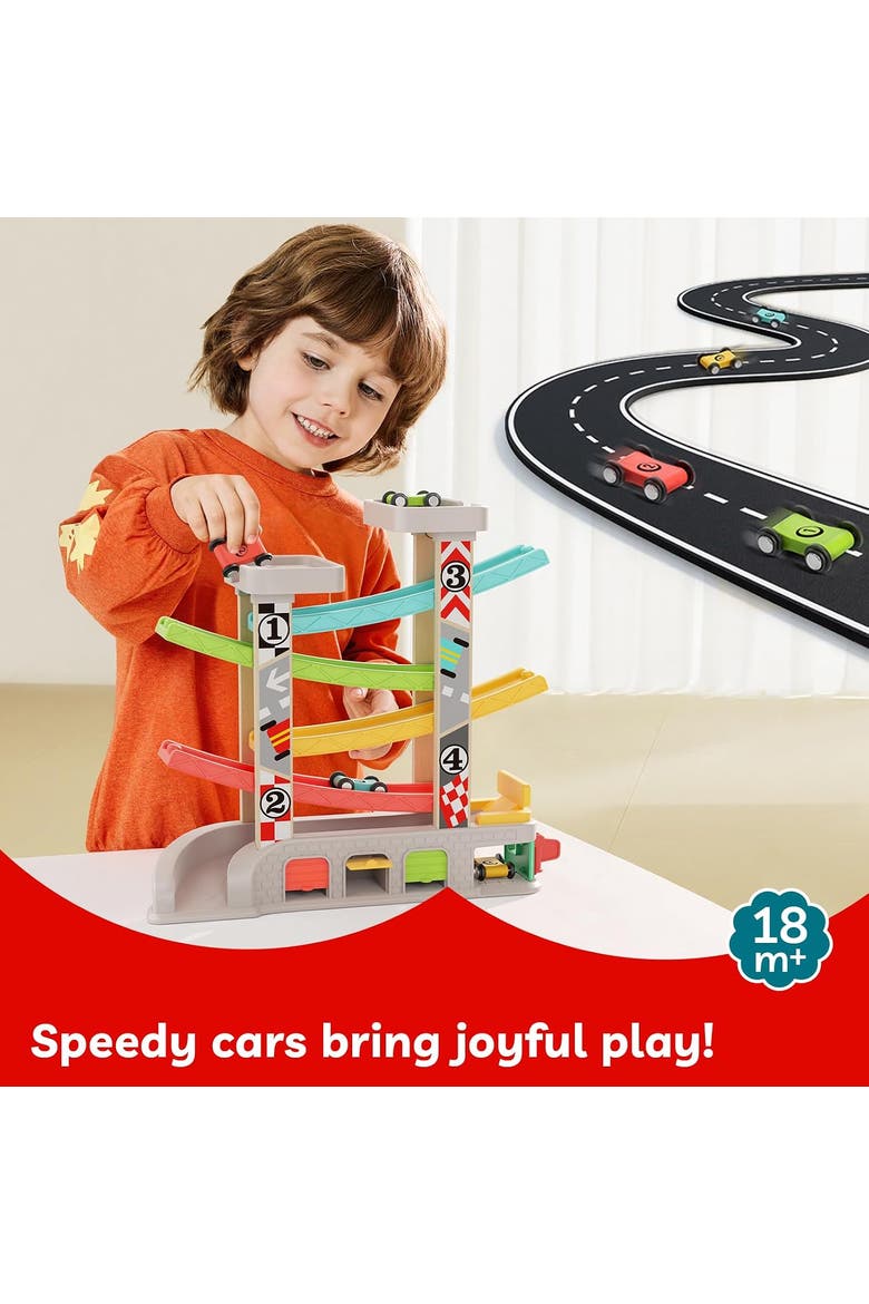 Wooden Kids Race Track Toy Montessori Car Ramp Set with 4 Cars and Garage, Alternate, color, Multicolor