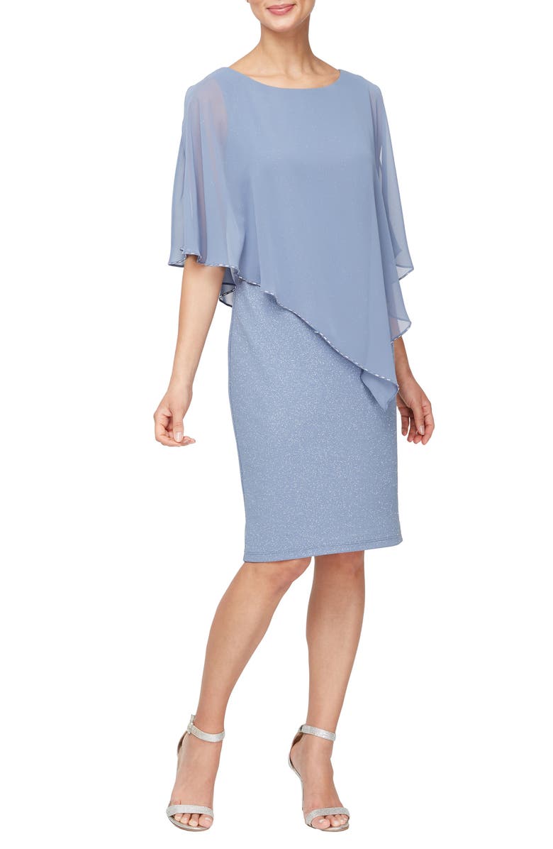 SL FASHIONS Asymmetric Popover Capelet Sparkle Cocktail Dress, Main, color,