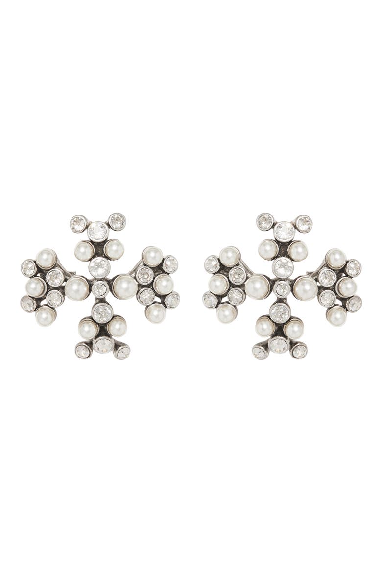 Moondance Imitation Pearl Logo Brooch, Main, color, TORY SILVER / CREAM / CRYSTAL