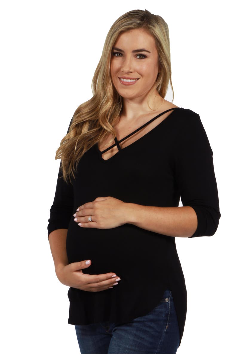 24seven Comfort Apparel Criss Cross Round Hemline Maternity Tunic Top, Alternate, color, Black