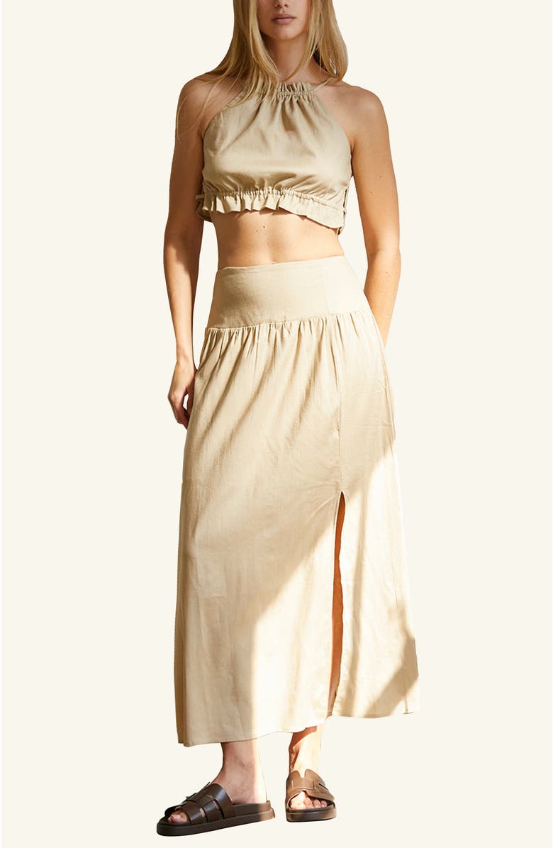 CRESCENT Linen Blend Halter Top & Maxi Skirt Set, Main, color, Beige