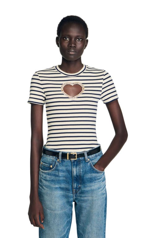 Sandro Womens Ecru Striped Embellished-heart Stretch-cotton T-shirt In White