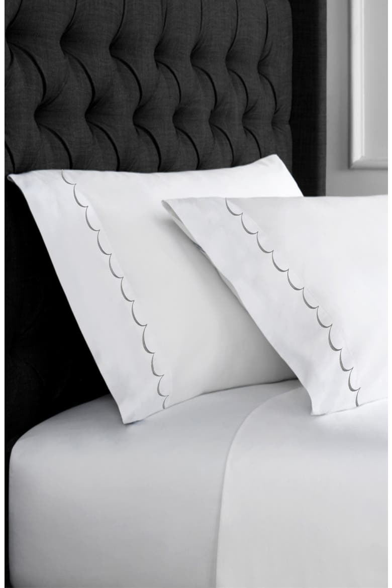 Scalloped Edge Embroidered 600 Thread Count Pillowcases, Alternate, color, WHITE/ GREY