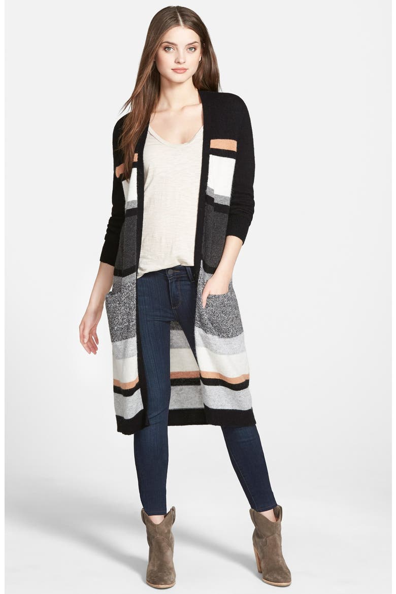 Long Open Front Cardigan, Main, color, BLACK- CHARCOAL STRIPE