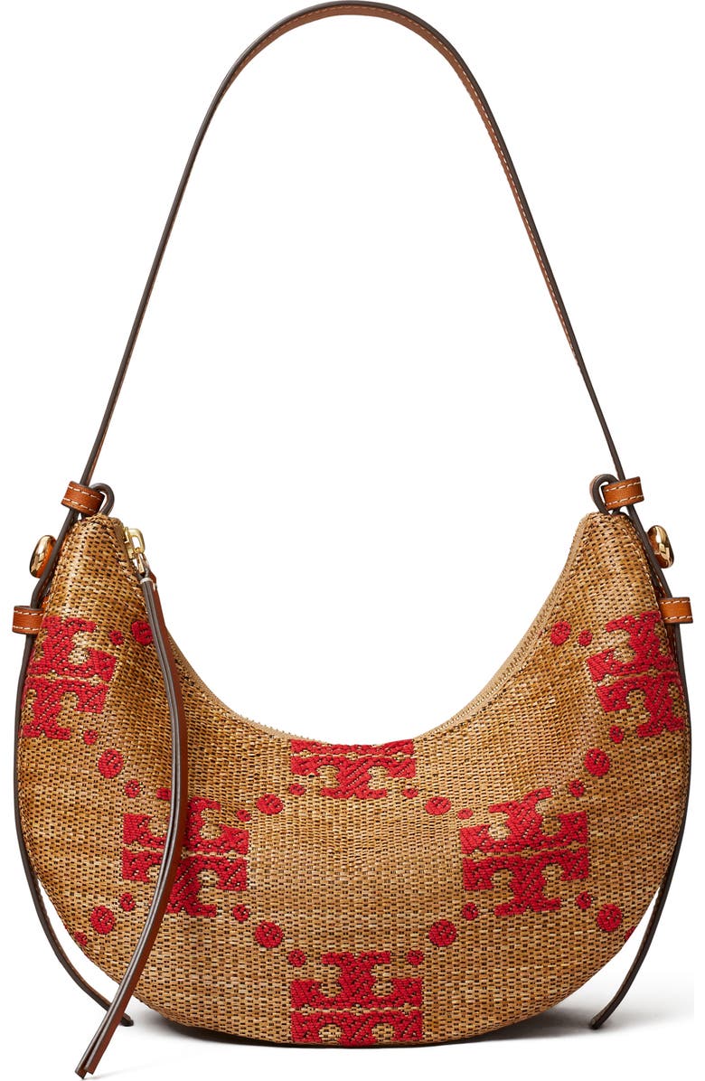 Tory Burch Romy T Monogram Straw Half Moon Shoulder Bag, Main, color, Natural