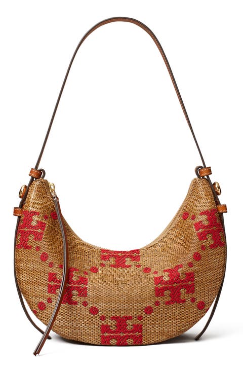 Romy T Monogram Straw Half Moon Shoulder Bag