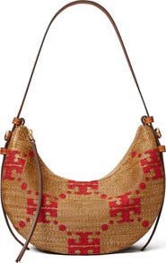 Tory Burch Romy T Monogram Straw Half Moon Shoulder Bag