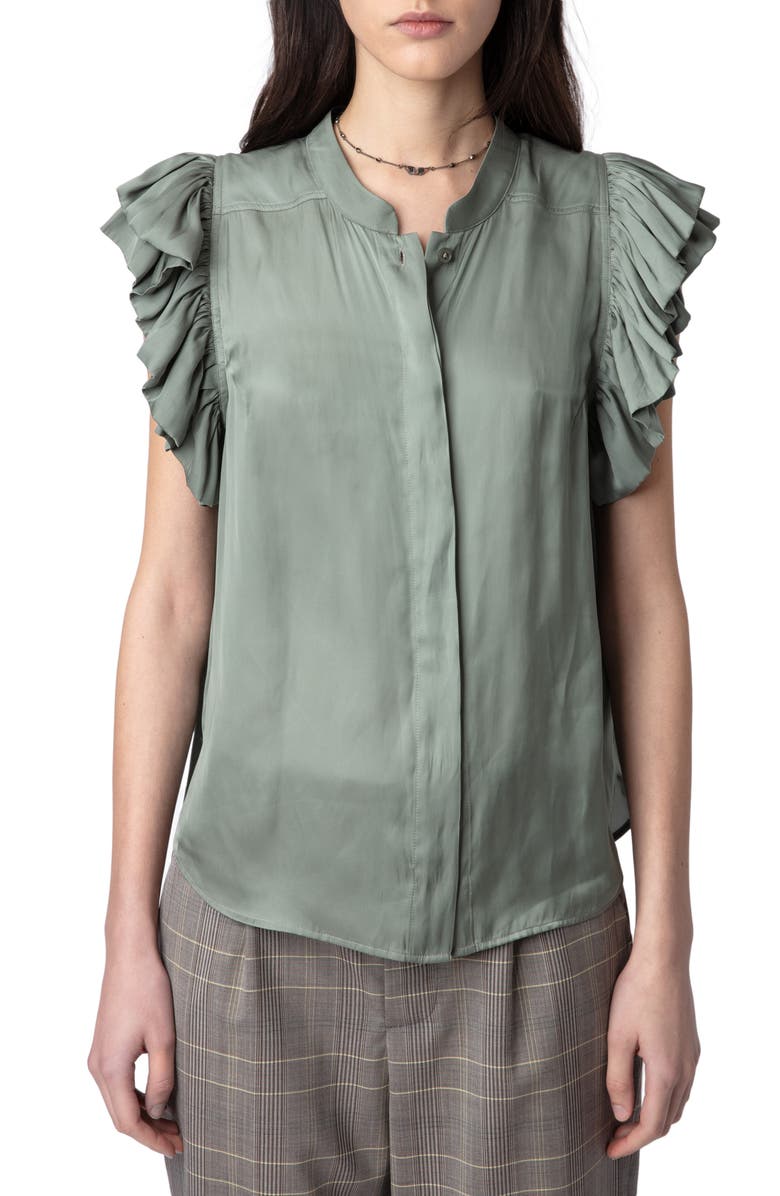 Zadig & Voltaire Tiza Ruffle Satin Button-Up Blouse, Main, color, Trellis