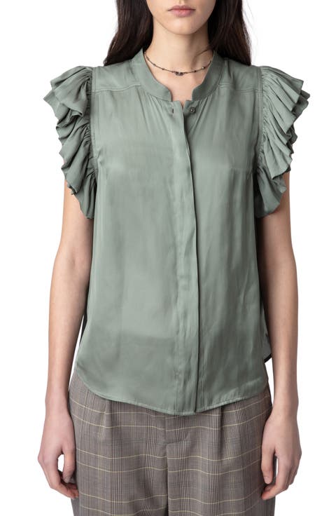Tiza Ruffle Satin Button-Up Blouse