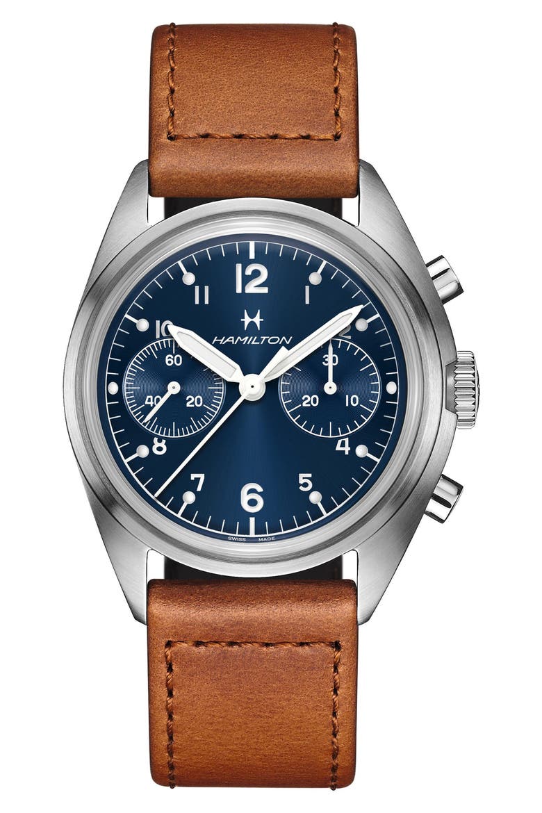 Khaki Aviation Pilot Pioneer Leather Strap Watch, 40mm, Main, color, BLUE