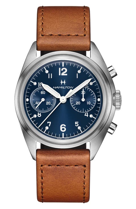 Khaki Aviation Pilot Pioneer Leather Strap Watch, 40mm
