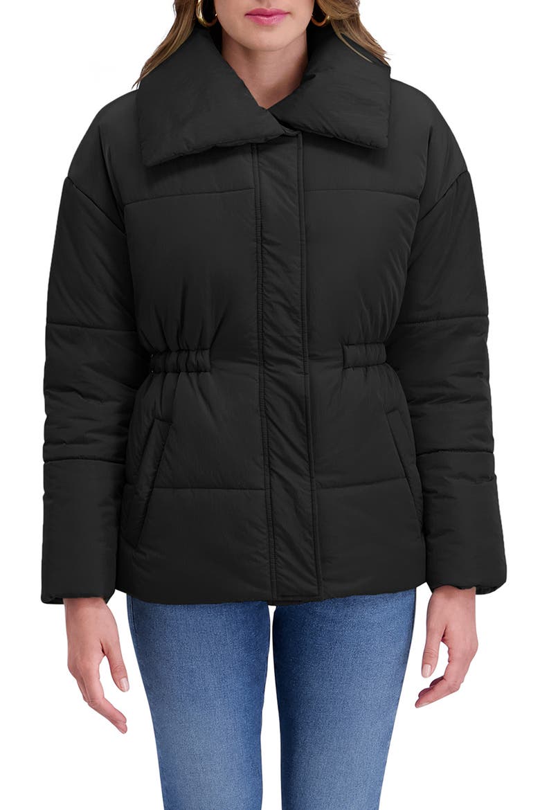 Envelope Collar Puffer Coat, Main, color, BLACK