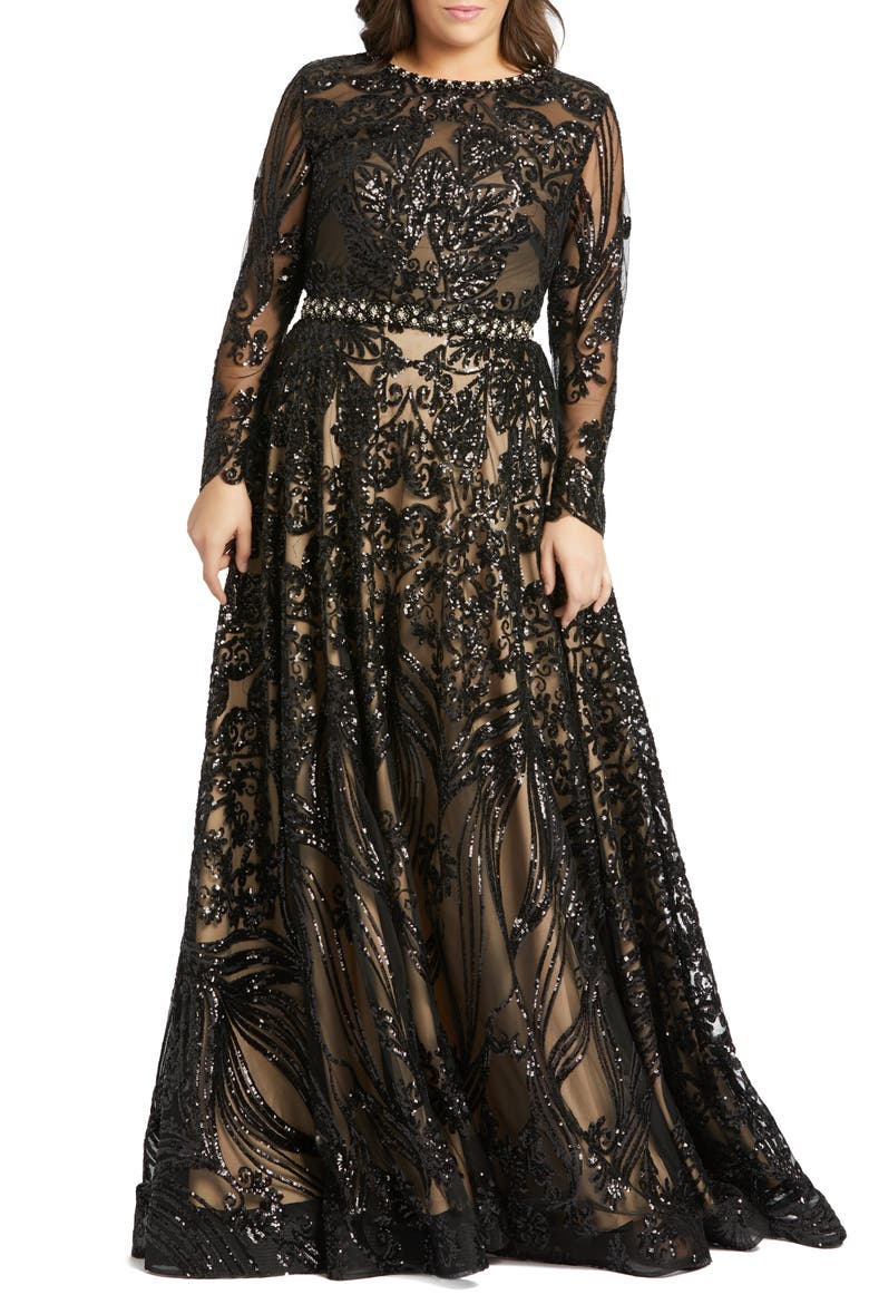Sequin Burnout Long Sleeve Ballgown, Main, color, BLACK NUDE