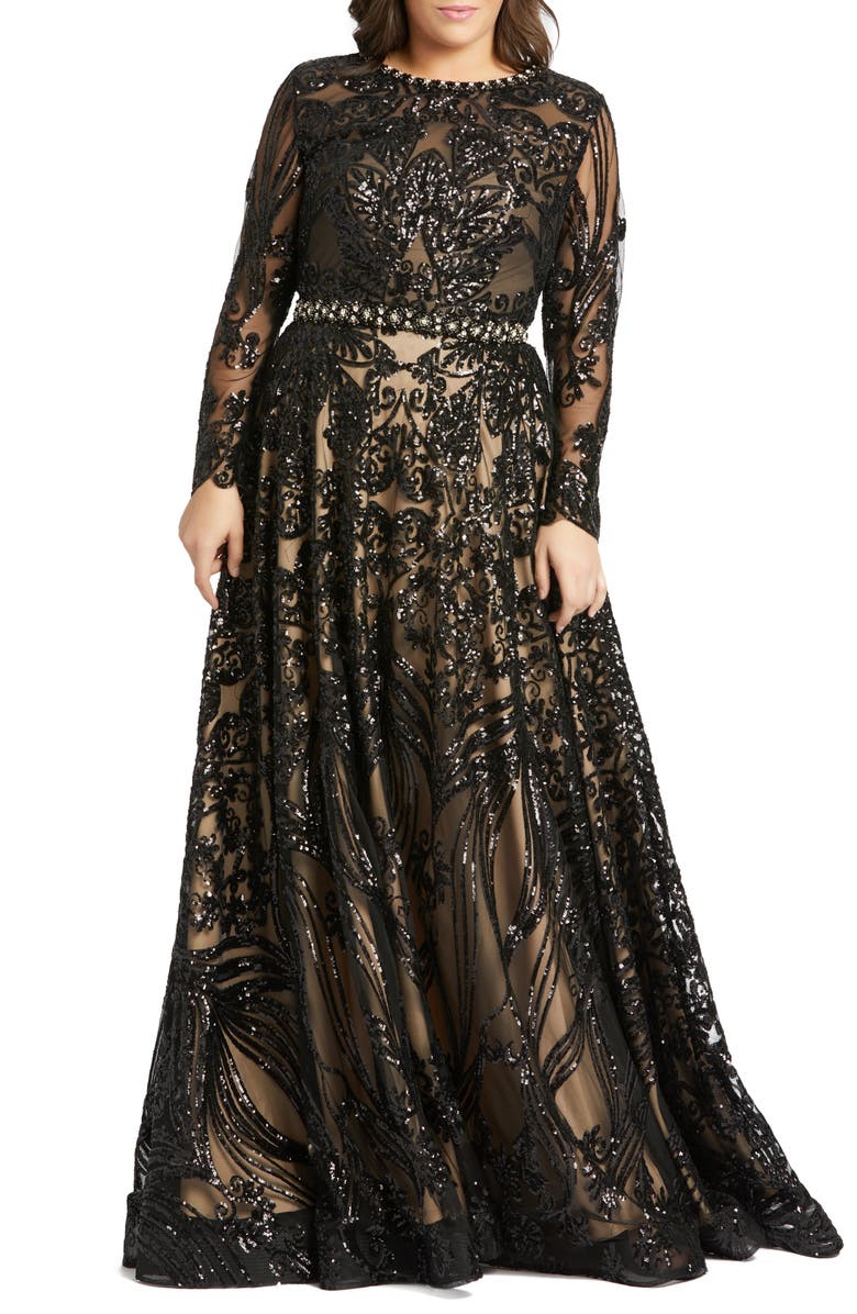 Mac Duggal Sequin Burnout Long Sleeve Ballgown, Main, color, 