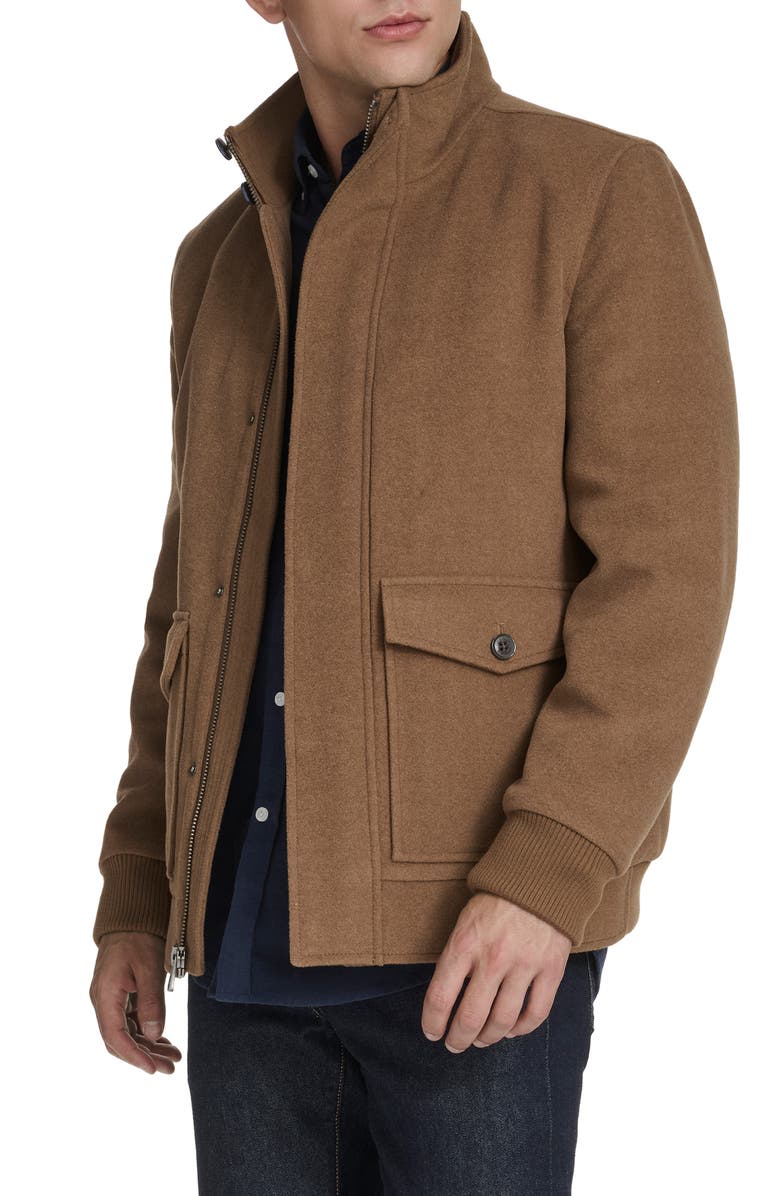 Cole Haan Signature Stand Collar Wool Blend Bomber Jacket, Alternate, color, Camel