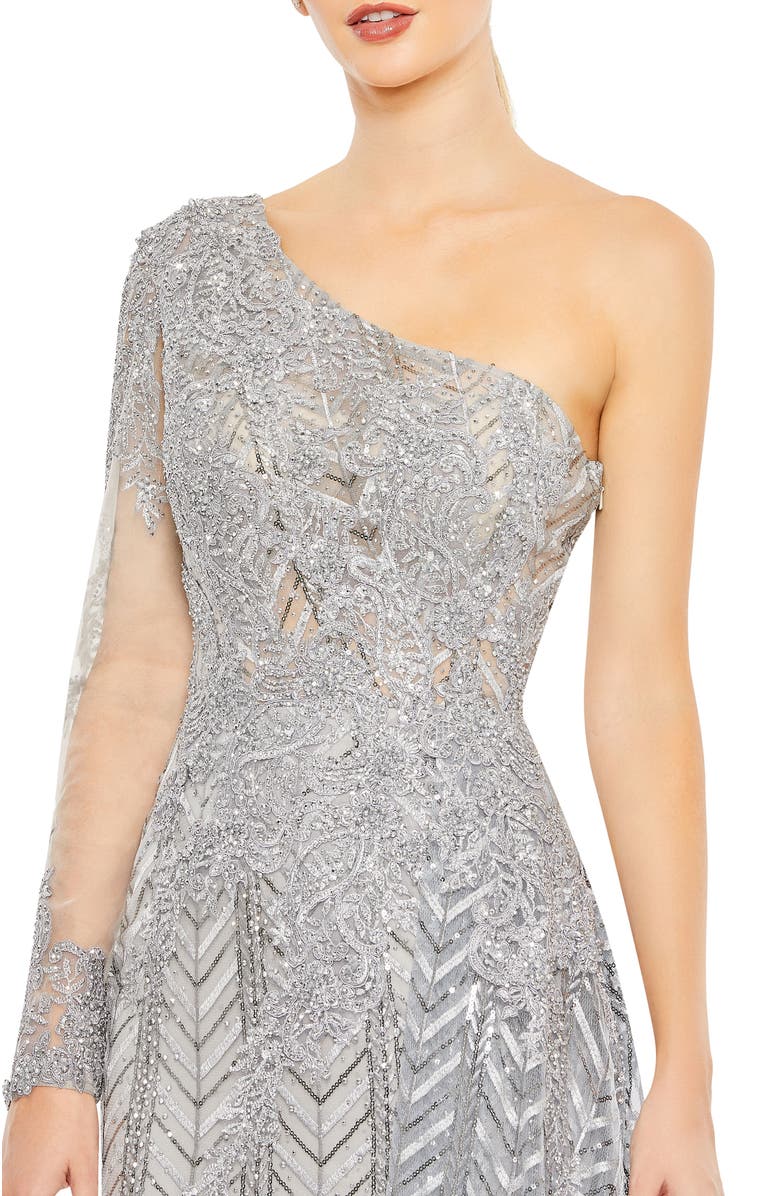 Mac Duggal Hand-Embellished Gown with Floral Beaded Mesh & Chevron Sequin Detailing, Alternate, color, Platinum