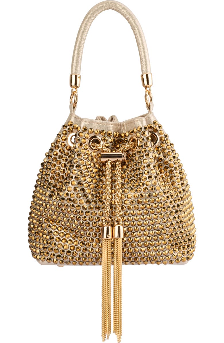 Olga Berg Santorini Studded Hotfix Drawstring Top Handle Bag, Main, color,