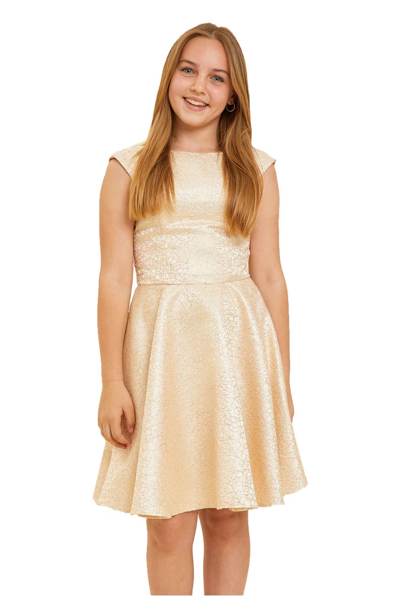 Un Deux Trois Cap Sleeve Boat Neck Dress In Longer Length, Main, color, Gold