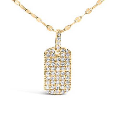 18K Yellow Gold PlatedSilver 1/3 Cttw Diamond Studded Dog Tag Pendant Necklace