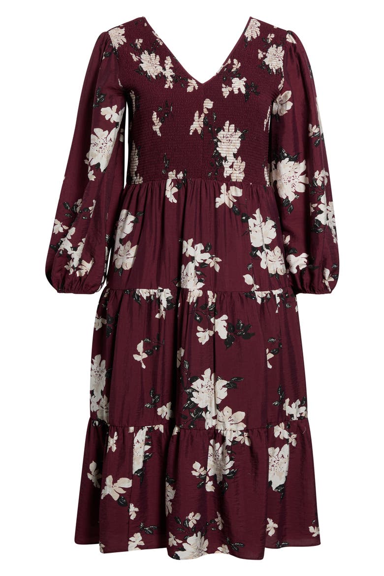 Smocked Midi Dress, Alternate, color, BURG- IVORY ALLI FLORAL
