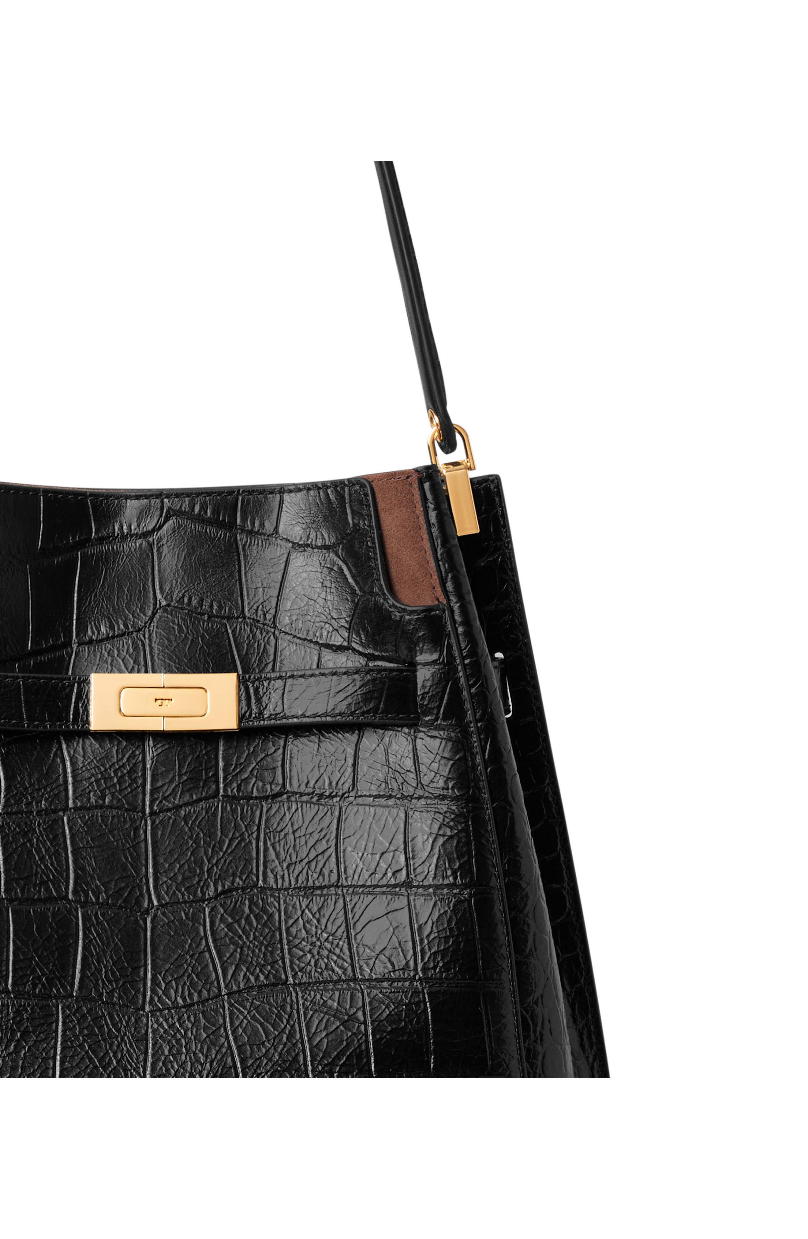 Lee Radziwill Croc Embossed Leather Bucket Bag, Alternate, color, BLACK