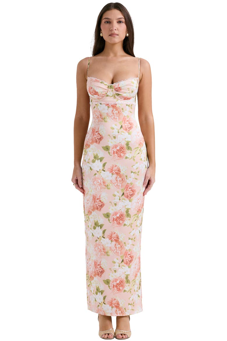 Josefina Floral Bustier Bodice Stretch Satin Body-Con Dress, Alternate, color, PEONY PRINT