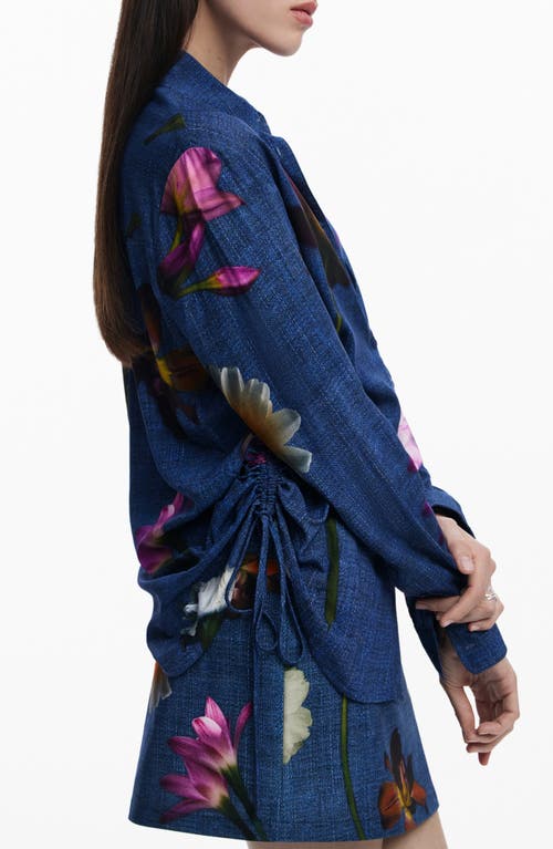 Desigual Floral Ruched Side Denim Button-up Shirt In Blue
