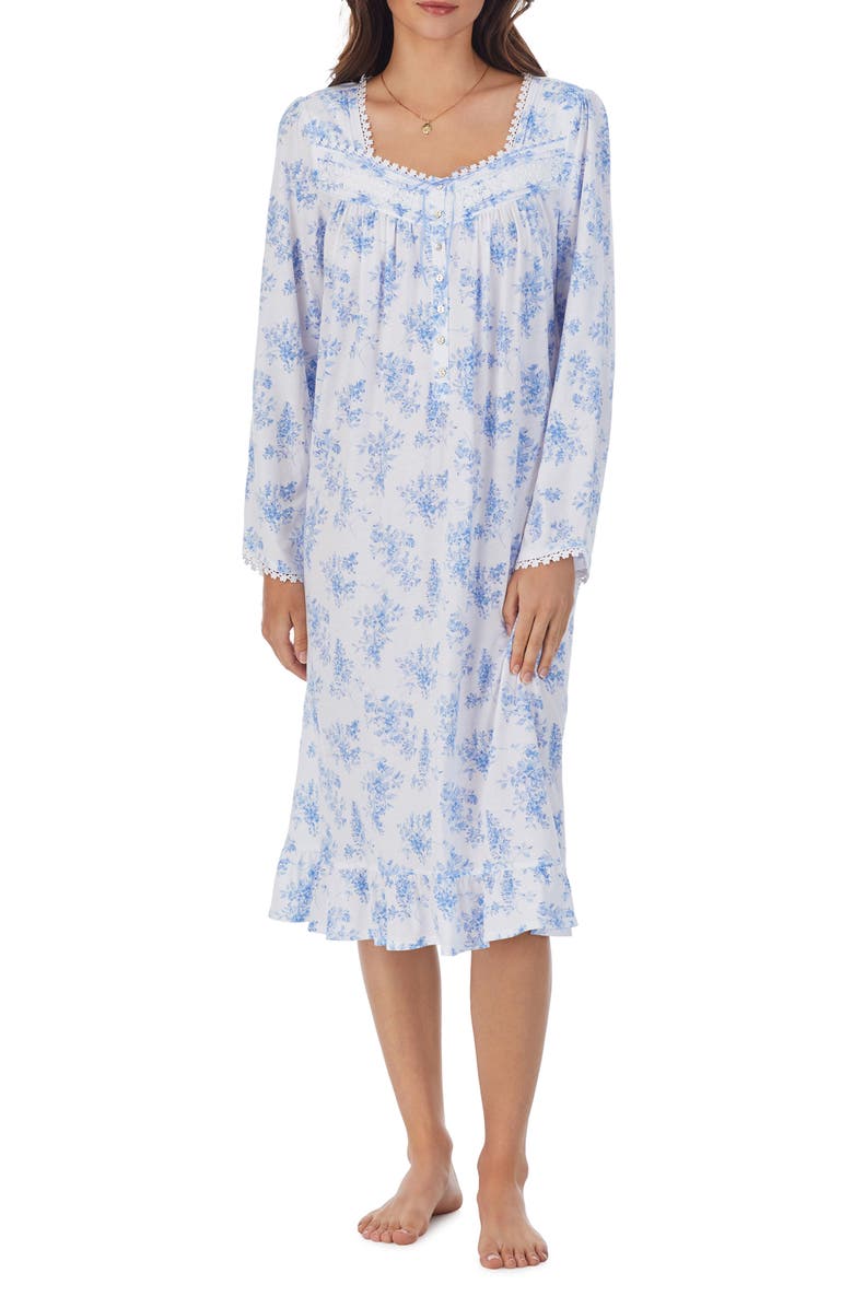 Eileen West Waltz Floral Print Lace Trim Long Sleeve Cotton & Modal Nightgown, Main, color, 