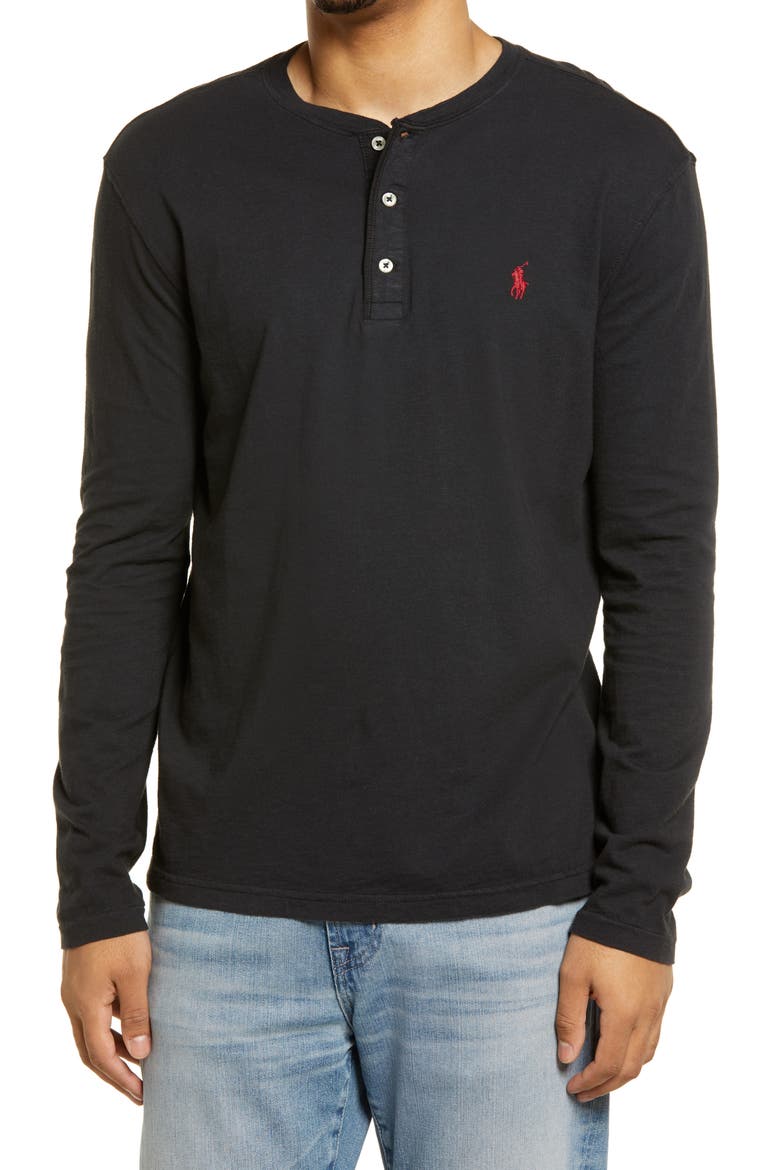 Men's Long Sleeve Henley T-Shirt, Main, color, POLO BLACK