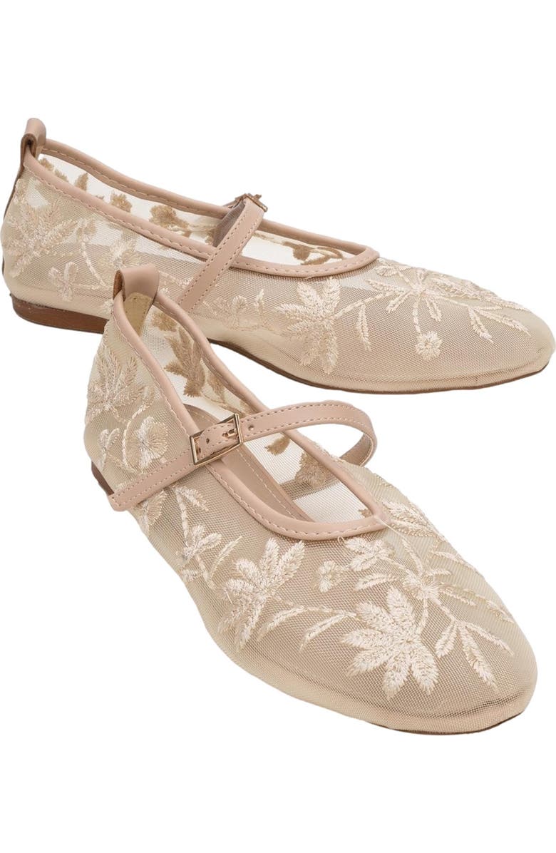 Prologue Shoes Juny Mesh Floral Embroidery Ballet Flat, Main, color, Beige Faux Leather