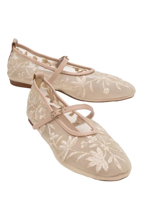 Juny Mesh Floral Embroidery Ballet Flat