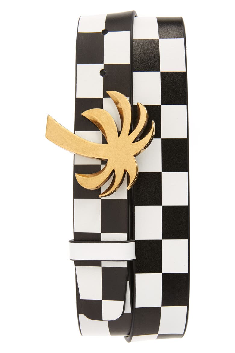 Palm Buckle Checkerboard Leather Belt, Main, color, BLACK GOLD