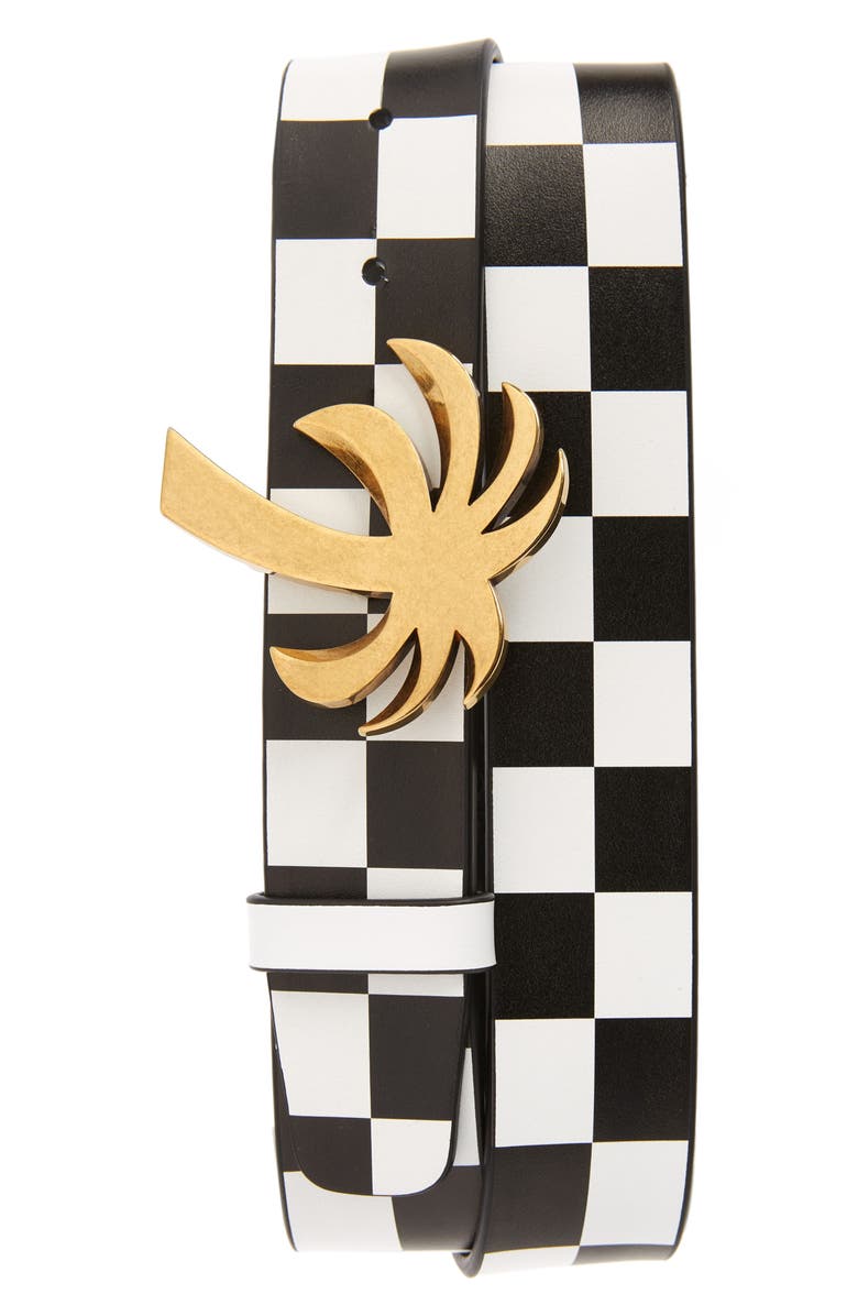 Palm Angels Palm Buckle Checkerboard Leather Belt, Main, color,