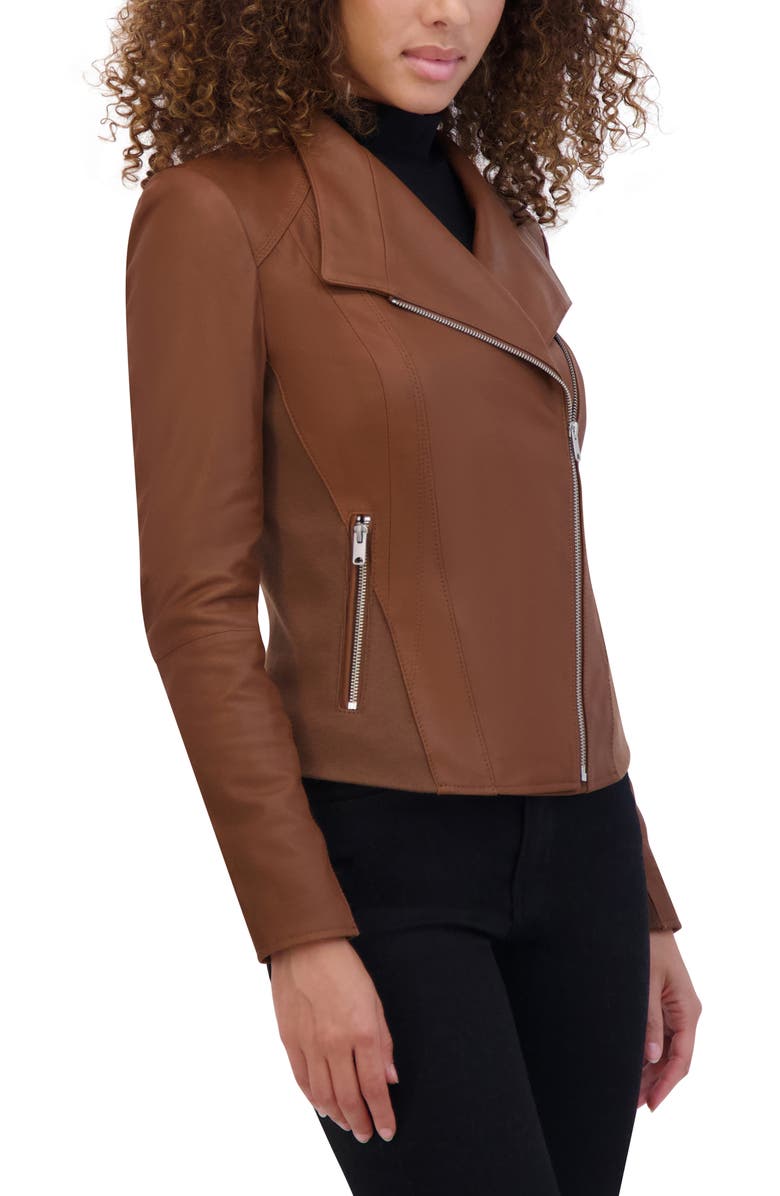 Andrew Marc Felix Leather Moto Jacket with Knit Panels, Alternate, color, Whiskey