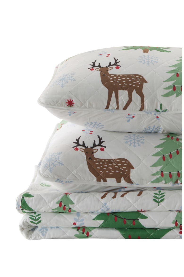 Holiday Theme Reversible Quilt & Sham Set, Main, color, DEER / TREES / SNOW
